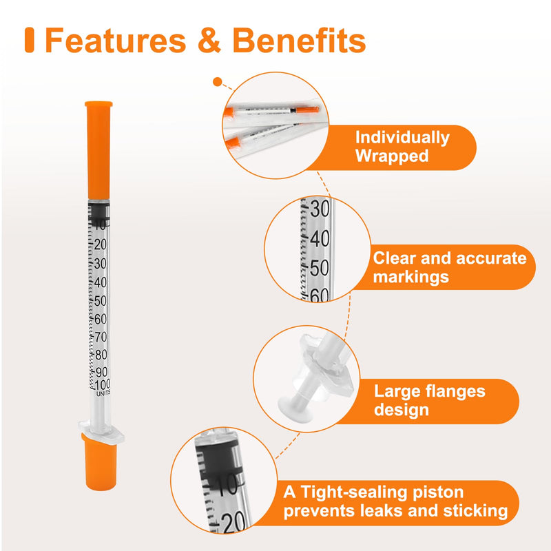 100 Pack U-100 Syringes, 1ml/cc 30G 5/16" (8mm) Disposable Syringe, Individually Packed 1ml 5/16 inch 30G 100