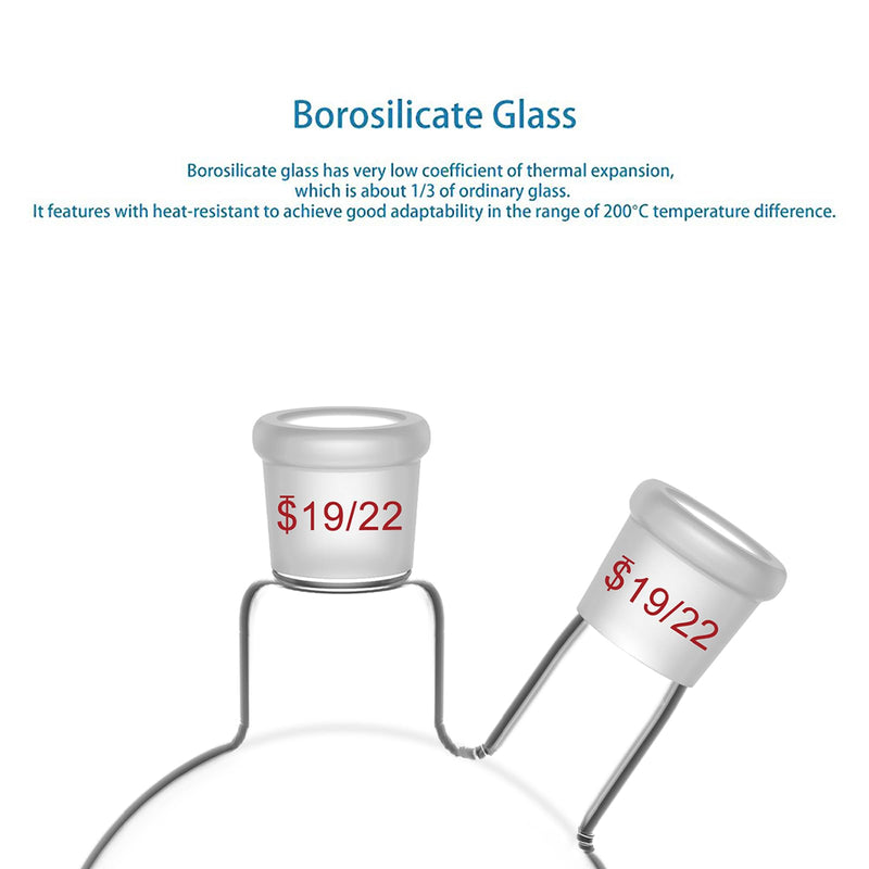 StonyLab Glass 500ml Heavy Wall 2 Neck Round Bottom Flask RBF, with 19/22 Center and Side Standard Taper Outer Joint - 500mL 500 ml
