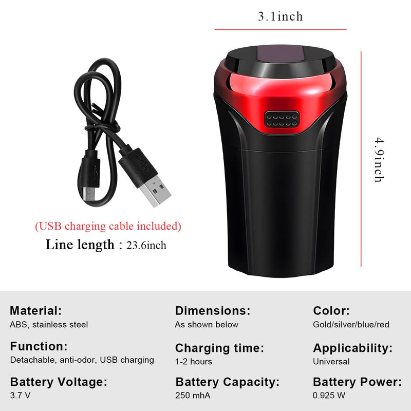 Car Ashtray with Lid, Rechargeable Stainless Auto Ashtray with LED Light Indicator, Portable Smell-Proof Ashtray Cup with Lid & Detachable Cigarette Lighter, Car Accessories (Red) Red