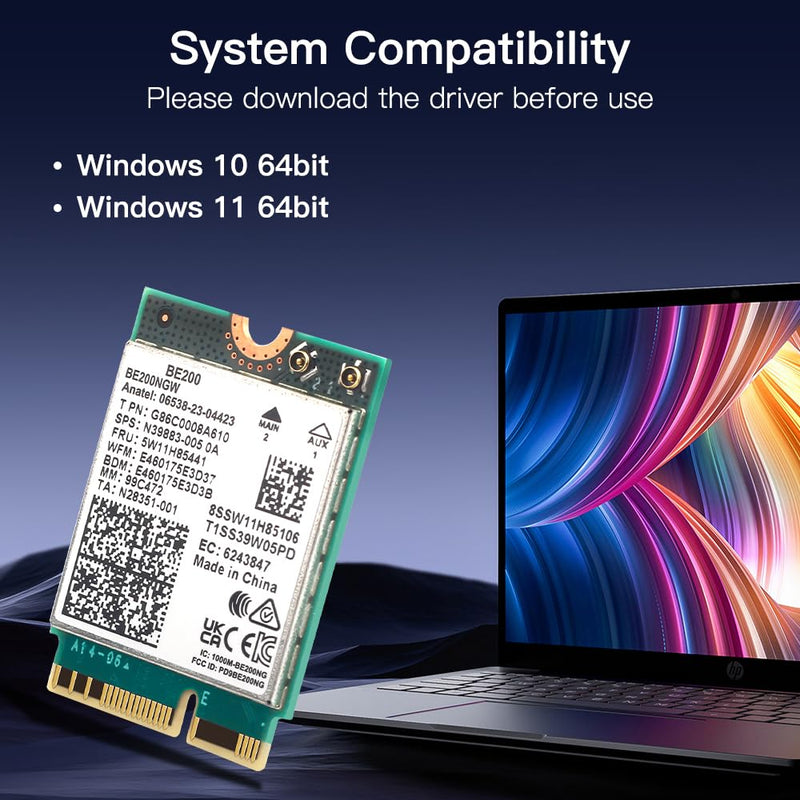 WiFi 7 Card BE200 M.2 Key E Tri-Band 6GHz/5GHz/2.4GHz Up to 5.8Gbps BT 5.4 Compatible with WiFi 7/6E/6/5 Routers for Windows 10/11 (Not Supported on AMD Motherboards)