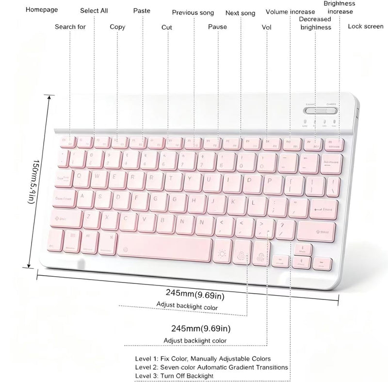 Mini Bluetooth Keyboard, Small Portable Wireless Rechargeable Keyboard with 7-Color RGB Backlit for iPad iPhone Android Samsung Tablet Smartphone((Pink) Pink