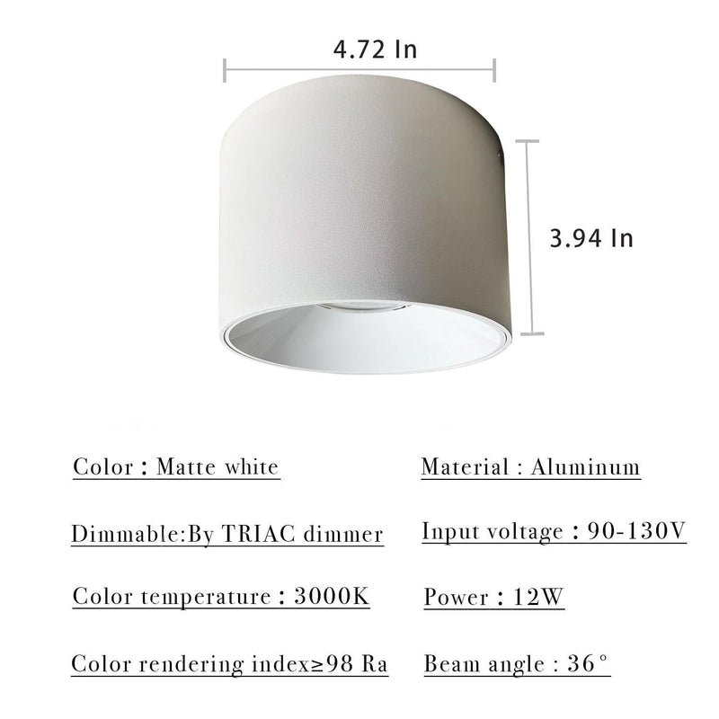 LED Dimmable Ceiling Spotlight Aluminum White 4.72" Cylinder Spot Light Indoor Modern Minimalist Focus Accent Down Light for Cylinder Hallway Kitchen Foyer CRI 98 12W 3000K Round-12W-Dimmable