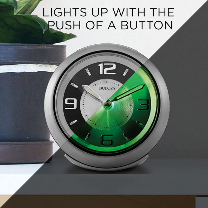 Bulova - 3.75" W x 3.75" H B5027 Lite Night Alarm Clock | Brushed Silver-Tone Case | Illuminated Dial | Luminous Hands | Quiet Sweep | Snooze Function