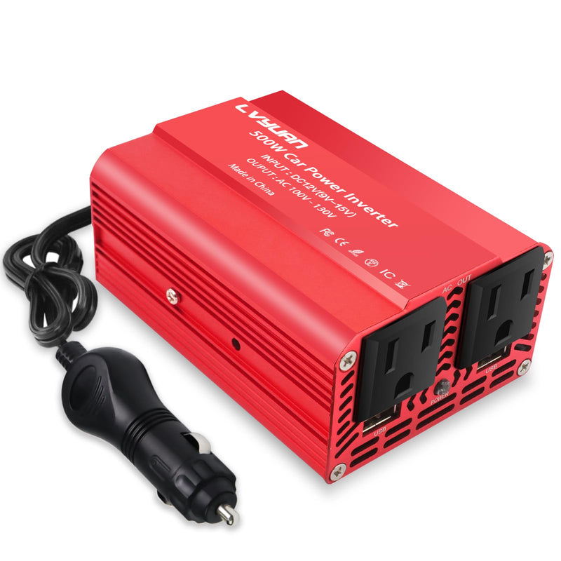 LVYUAN 500W Power Inverter for Vehicles DC 12V to 110V AC Car Plug Adapter Outlet Converter with 2 USB Fast Charging Ports and 2 AC Outlets Car Charger Adapter Red