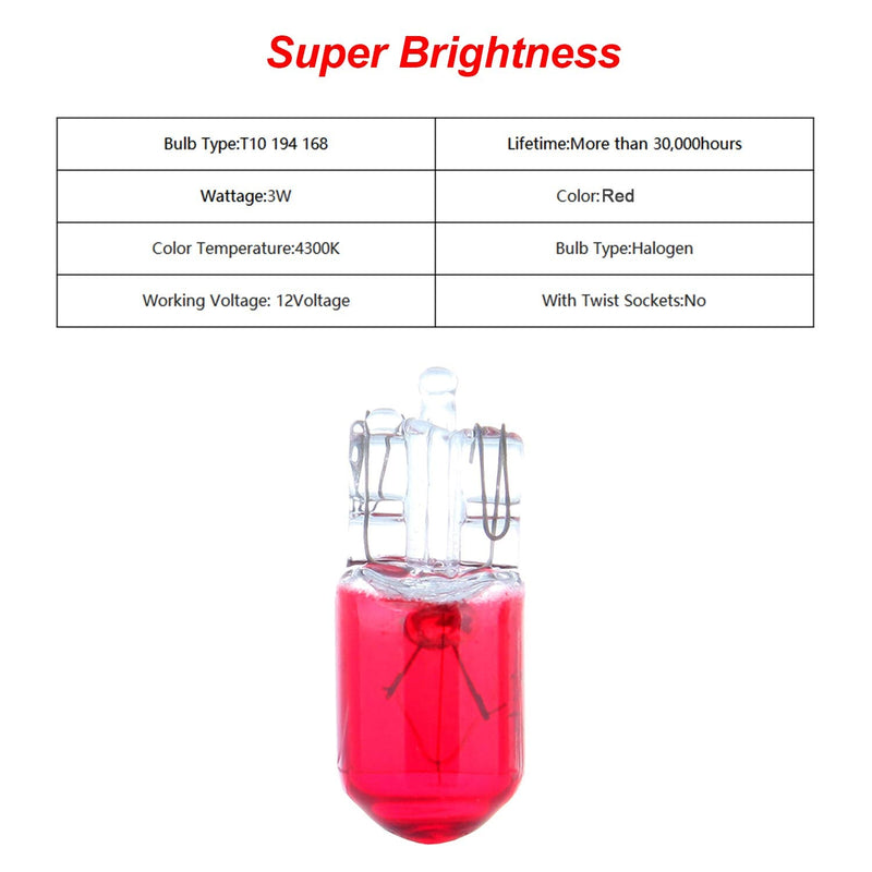 cciyu 10 pcs T10 W5W Red Halogen Light Bulb 168 194 Instrument Cluster Gauge Dash Lamp 12V