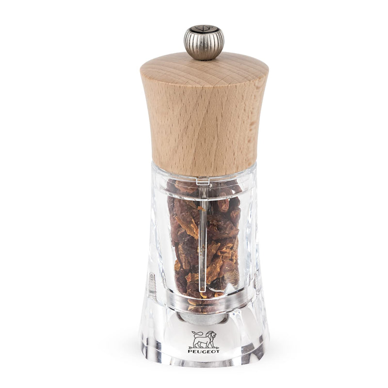Peugeot - Oleron Manual Chili Pepper Mill - Transparent Adjustable Spice Grinder - Acrylic and Beechwood, Natural, 5.5 Inches 14cm Chili Mill