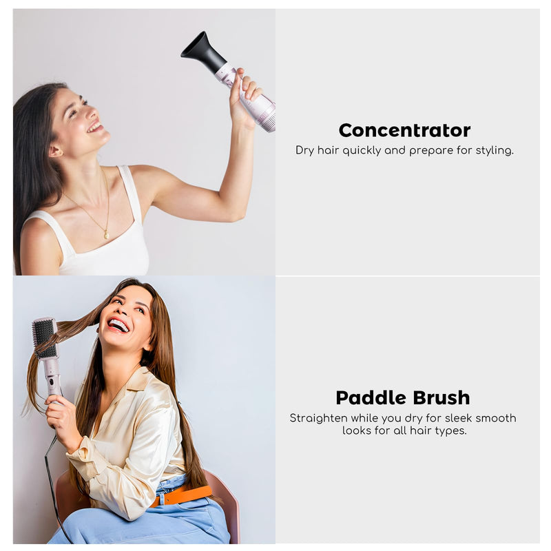 Hair Dryer Brush, 5-in-1 Blow Dry Hair Brush, Multi Hot Air Styler for Drying and Styling Volumizing Curling Sleeking in One Step, Ceramic Coating, Less Frizz, 3 Temperatures, Pink
