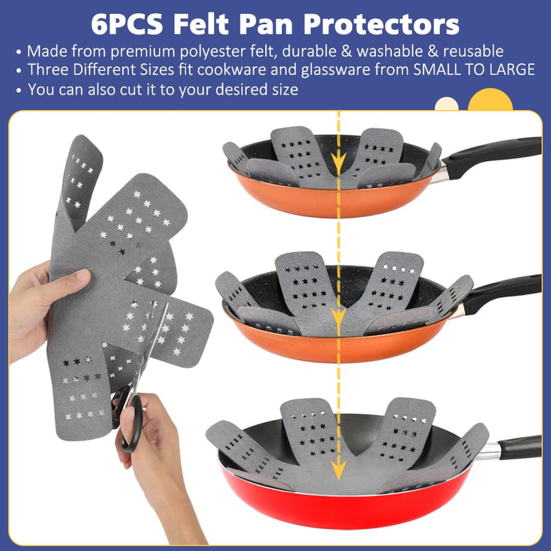 BYKITCHEN 3PCS Silicone Pan Protectors with 6PCS Felt Pan Pot Separators Dividers Pads for Stacking and Protecting Your Cookware, Compatible with Hexclad Cookware Set, Tfal Nonstick Frying Pans &More