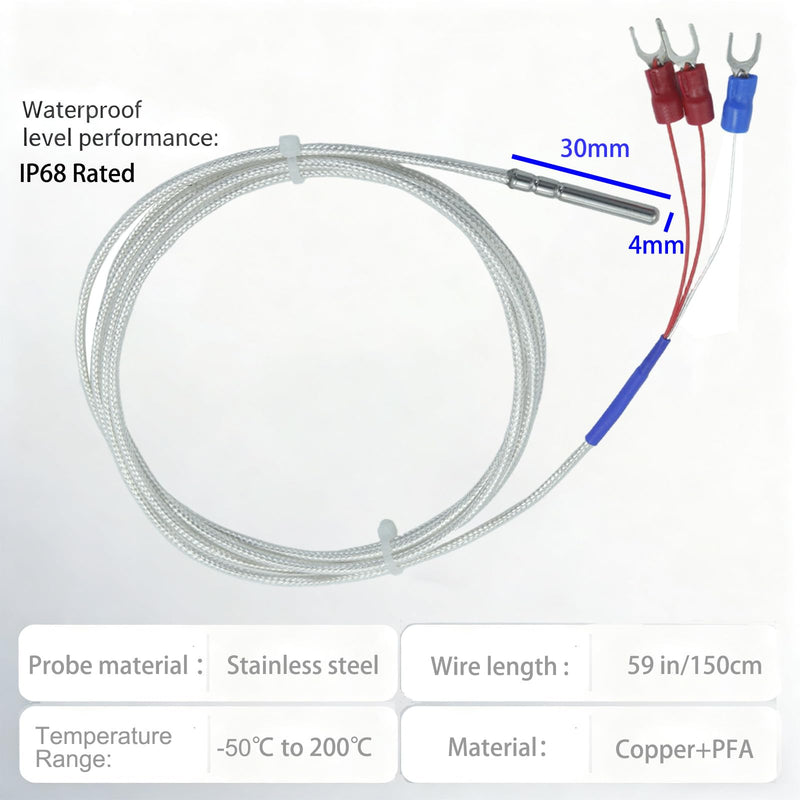 PT100 RTD Temperature Sensor Probe - 3 Wire Stainless Steel Waterproof Temperature Sensor, 59 inch Silver Braided Cable for PID Controller, Brewing, HVAC, Industrial Temperature Monitoring