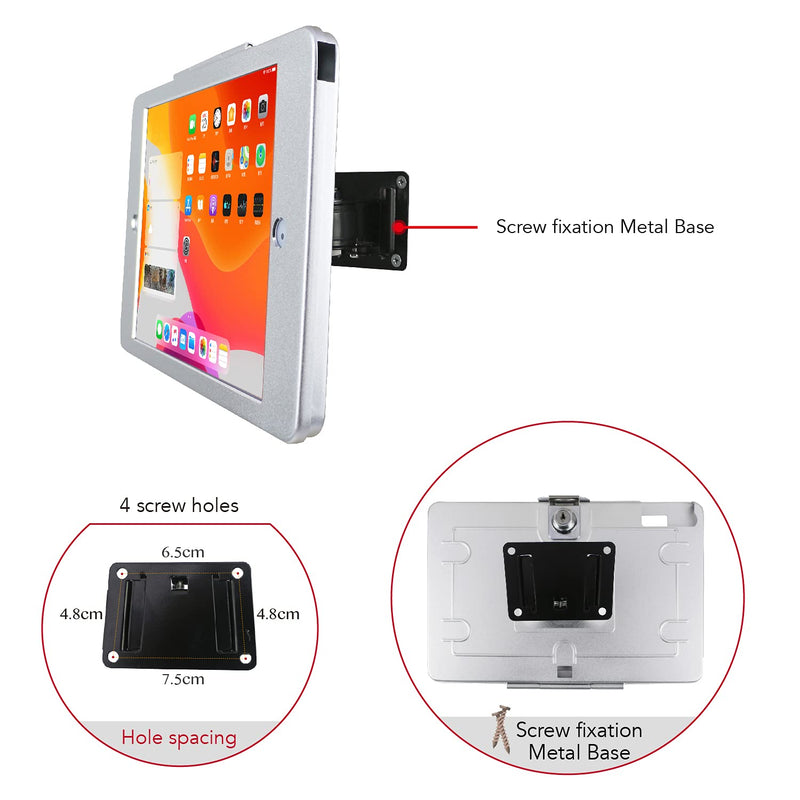 On Wall Mount Metal Bracket for iPad 10.2-Inch (9th,8th,7th Gen.),with Anti Theft Security Lock, Rotate Design,Multi Angle, Horizontal and Vertical Screen Swivel,(Silver) Silver