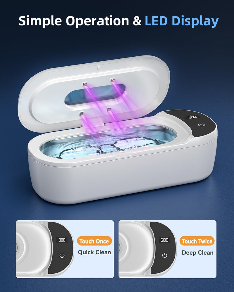 KUNPHY Ultrasonic Jewelry Cleaner, 400ml Sonic Cleaner for Rings, Glasses | 4 LED Light & Display, 48kHz Ultrasonic Cleaner, 400ml 304 Tank, Quiet 45dB, Dual 5/10min Timers, Overheat Protection, White 13.53 Fl Oz (Pack of 1)