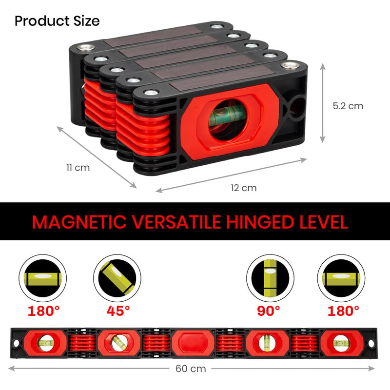 Folding Level, Multi-Angle Magnetic Level Ruler with 5 Hinged Sections, 4 Bubble Vials for 0°/45°/90° Reading, Compact Foldable Tool for Woodworking, Carpentry and DIY