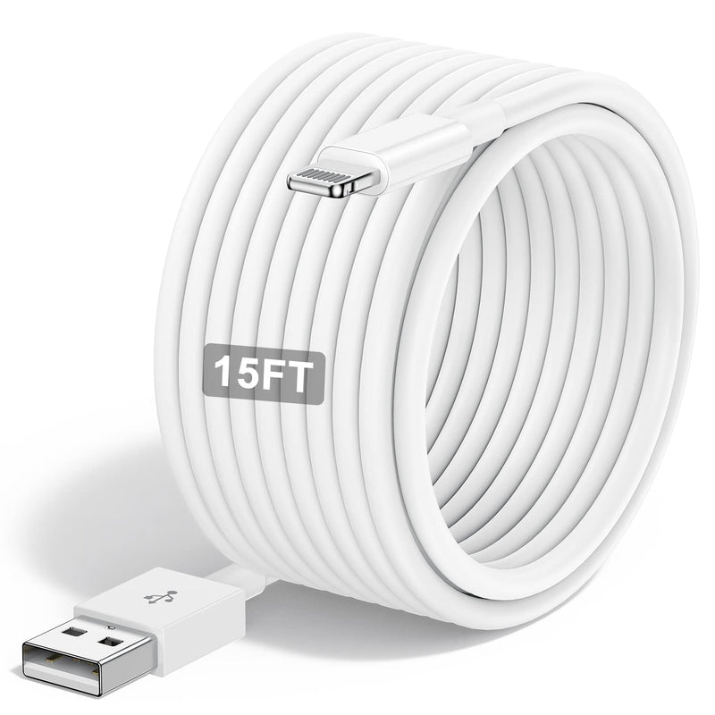 Extra Long iPhone Charger Cable 15 ft/5M,[Apple MFi Certified] USB to Lightning Cable15 ft, iPhone Fast Charging Cord for Apple iPhone 14/14pro/13/12/11/11Pro/11Max/ X/XS/XR/XS Max/8/7,iPad(White) 1pack(15ft) White 1