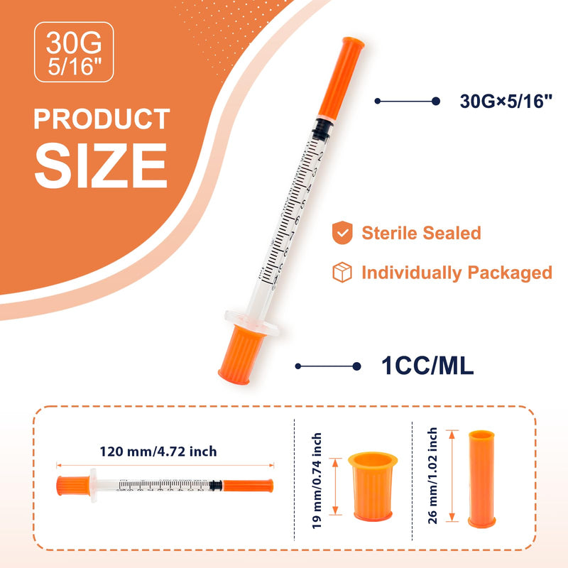100 Pack 1ml/cc 30G Syringe, 5/16 Inch 8mm, Individually Wrapped for Scientific Labs 1ml 30G 5/16"
