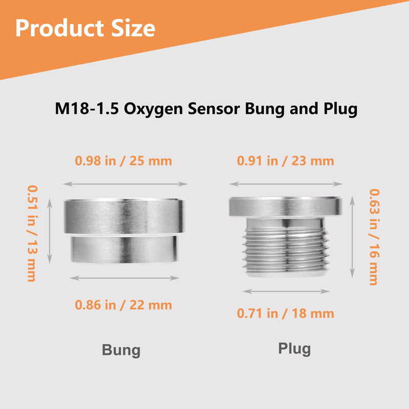 O2 Oxygen Sensor Bung and Plug 304 Stainless Steel M18-1.5,Oxygen Sensor Bung Stepped Style with Plug, Suppied by Hohnnyreet (2, Silver, M18 X 1.5) 2