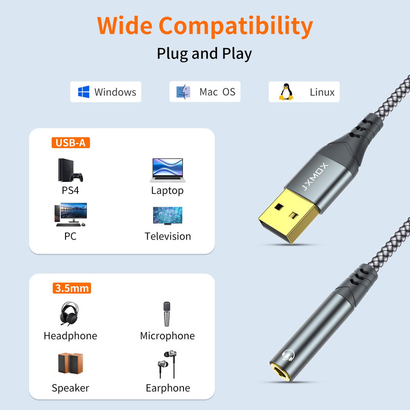 JXMOX USB to 3.5mm Audio Adapter (2-Pack) - USB-A to 3.5mm TRRS 4-Pole Female External Stereo Sound Card for Headphones, Mac, PS4, PS5, PC, Laptops, Desktops 2-Pack 6 inch / 15 cm