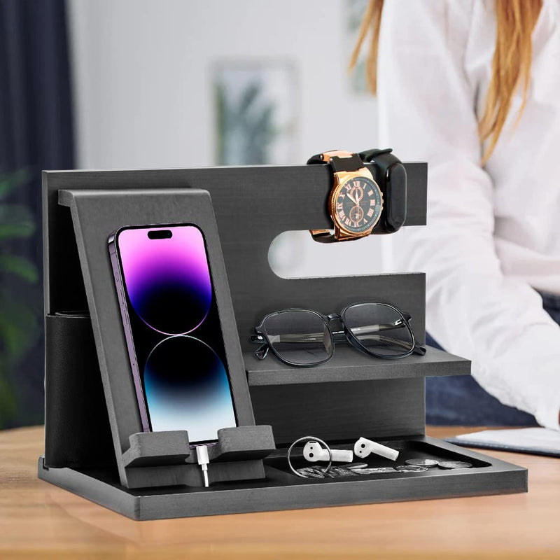 Wood Phone Docking Station - Gifts for Men Desk or Nightstand Organizer - Birthday Gifts for Husband, Fathers Day for Dad - Anniversary Idea from Wife - Key Holder, Stand Wallet, Watch & Essentials lassic stand - Black