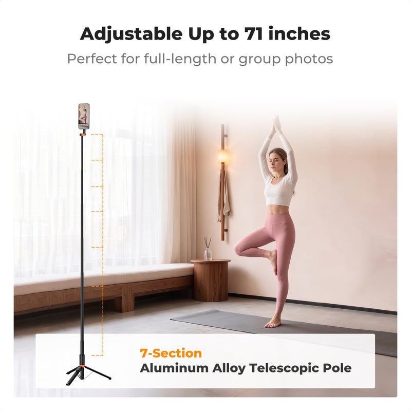 K&F CONCEPT Lightweight 71 inch Magnetic Selfie Stick Tripod | Portable Extendable, Bluetooth Remote, 3-Axis Adjustment Aluminium Vlog Rig Compatible with iPhone 17 16 15 14 Pro Max, MS18 Black