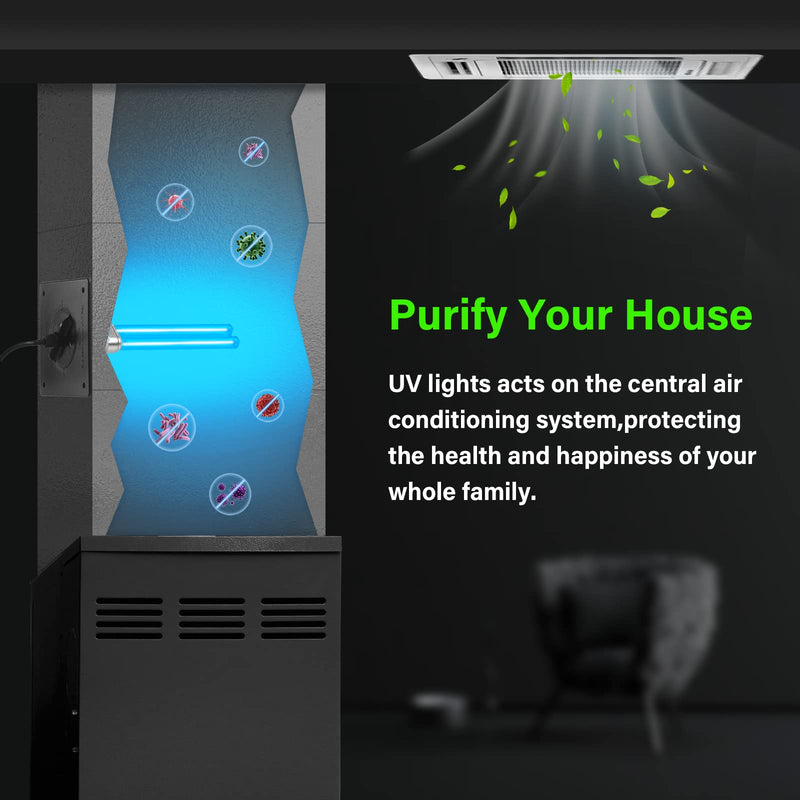 COOSPIDER 9W HVAC UV Light Lamp, Air Purifier for Whole House, UVC Light in Duct for AC Duct with 1 Spare Bulb, 253.7nm Wavelength Ozone Free 110V (CTUV-D9) 9W Lamp