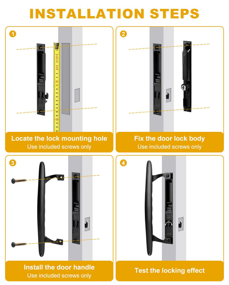 Patio Glass Door Replacement Handle Set with Lock, 6-5/8" H.C., Fits 1" to 1-1/8" Sliding Thick Doors, Keyed Black Diecast Reversible Design Keys