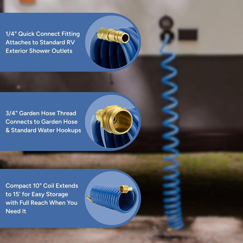 RecPro RV Exterior Shower Hose | 15' Blue Coiled Hose | Optional Flexible Quick Connect Sprayer | UV Resistant (No Sprayer) No Sprayer