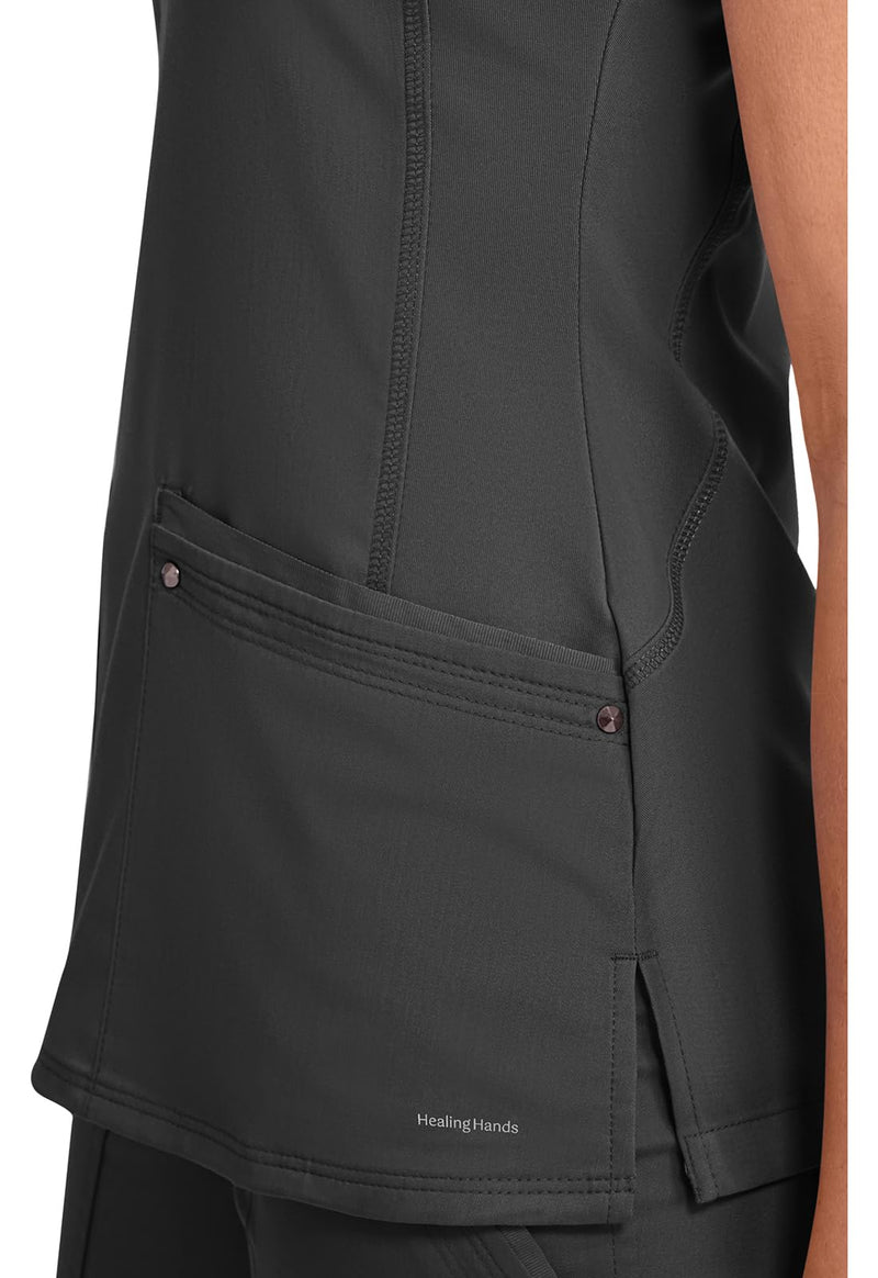 Healing Hands Women's Scrub Top V-Neck with 2 Pockets, 2-Way Stretch, and Yoga Knit Side Panels for Slim Fit- 2245 Medium Black