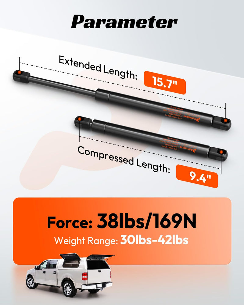 16 Inch 38 Lbs Shocks A.R.E Truck Cap Struts C1609209 15.7 in 38# Gas Spring Lift Support for Snugtop Camper Shell Window Leer Topper Replacement Parts 2 Pack C16-09209 16inch 38lbs
