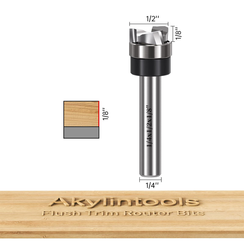 Carbide Spiral Flush Trim Router Bit 1/2" Dia. 1/8" Length, 1/4 Shank Plunge Pattern Template Down Cut 3 Flute,Flush Cut Bits for Trimming,Door Hinge Mortise Bottom Cleaning,Mortising,Routing 1/2" D*1/8" LH-Z3