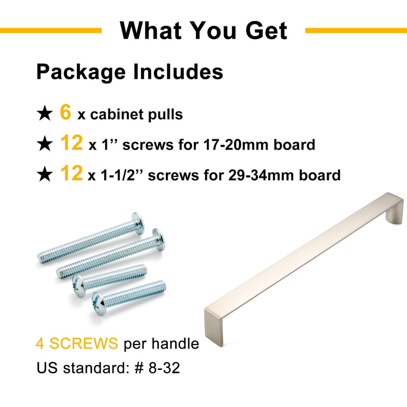 6 Pack 8-4/5 Inch Brushed Nickel Cabinet Pulls Satin Nickel Cabinet Handles Nickel Hardware for Kitchen Cabinets 1648 Drawer Bedroom Dresser Bathroom Vanity Cupboard 8-4/5 In Hole Distance - 6 Pack Modern