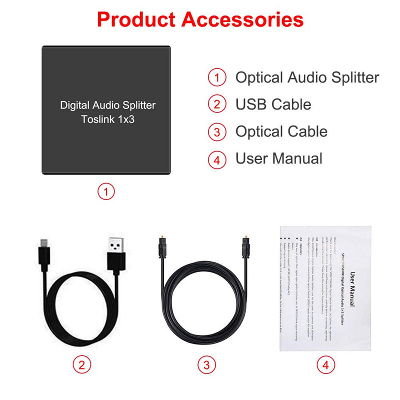 3 Port Toslink Splitter with Optical Cable (1 In 3 Out) Premium Quality Digital Optical Audio Splitter Aluminum Alloy SPDIF Toslink Fiber Audio Splitter Support Dolby Digital DTS 5.1 PCM Stereo LPCM Optical Splitter 1 in 3 Out