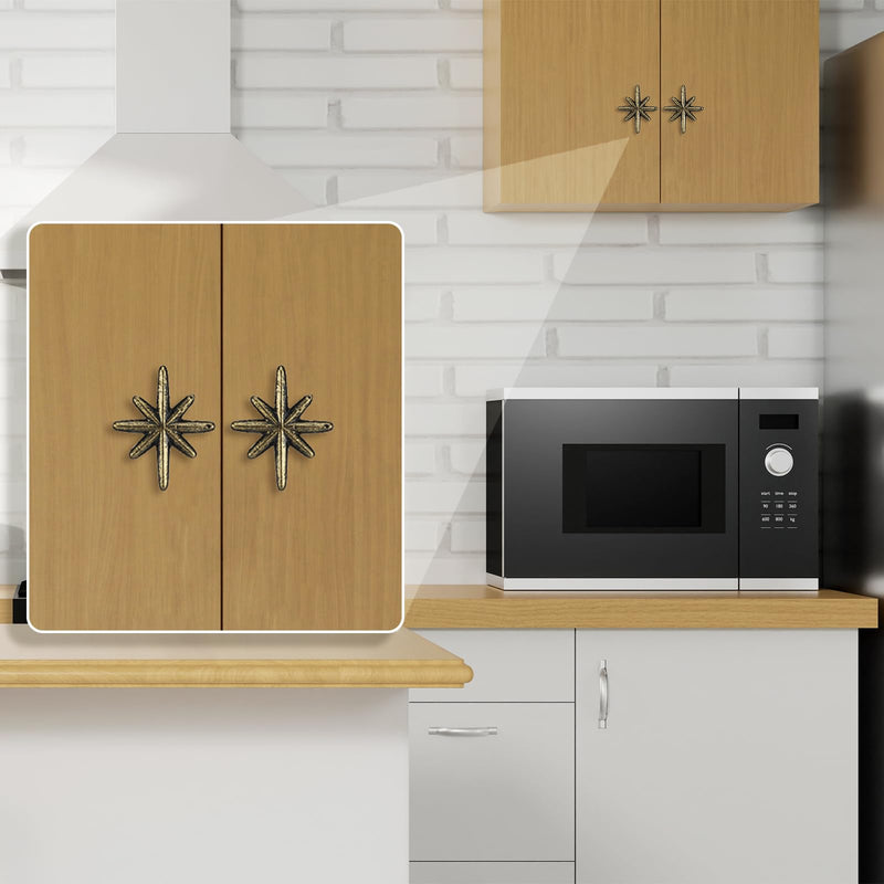 6 Set Unique Antique Gold Cast Iron Drawer Pulls & Cabinet Knobs, 8-Pointed Star Unique Cabinet Knobs, Add Mid-Century Modern Charm to Your Decor with Elegant Burst Design 6