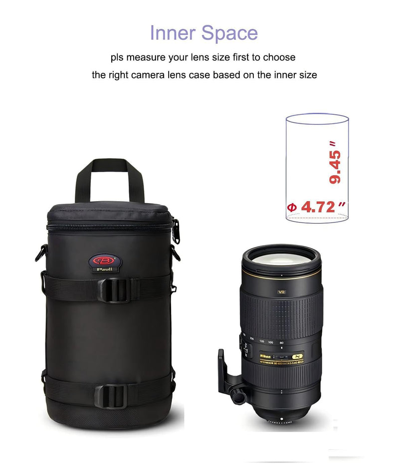 Camera Lens Pouch for DSLR Lenses Up to 4.72" x 9.45" | Durable Water-Resistant Lens Case with Thick Padding, Zip Closure & Shoulder Strap for DSLR Lens Protection BL-0009