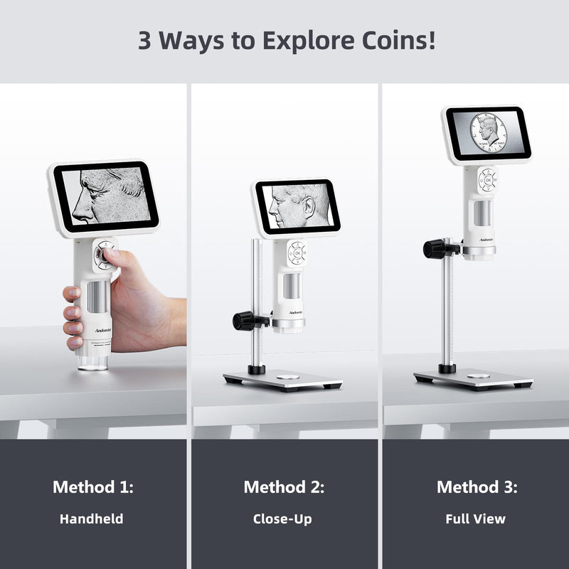 Andonstar Digital Microscope, 5" 1080P Coin Microscope Camera for Error Coin with 7.3" Metal Stand for Adults Kids, Handheld USB Coin Magnifier with 8 Adjustable LED Lights, Windows Mac PC White+Traditional Stand