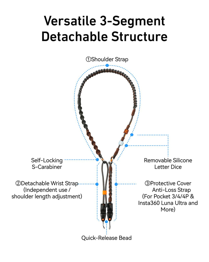 TELEISN Quick Release 3-in-1 Shoulder Strap for DJI Pocket 3/4/Camera/Phone | 3-in-1 Detachable Wrist/Neck/Shoulder Chic Braided Strap for Insta360 Luna Ultra, with Phone Tether Tab & 1/4" Screw Adapter Black