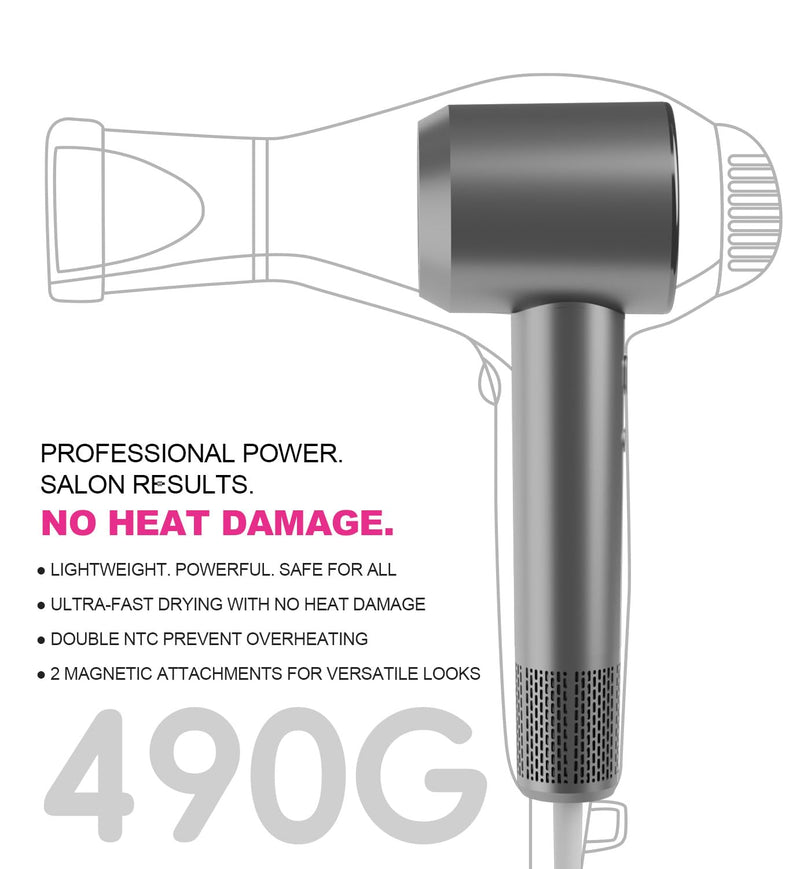 Ionic Hair Dryer – 150,000 RPM Brushless Motor Fast Drying, Professional Hair Blow Dryer with Diffuser, 3 Heat & 3 Speed Settings, Low Noise, Cool Shot, Anti-Frizz Hairdryers for Women & Man Gray