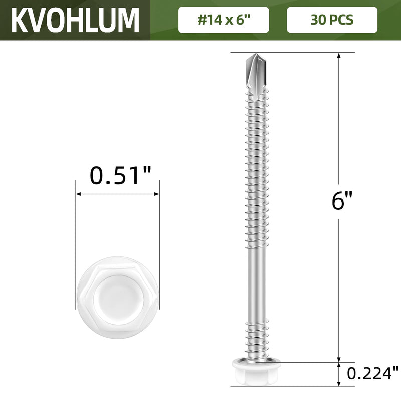 #14 x 6 (30 PCS) White Head Sheet Metal Screws, Hex Washer Head Self Drilling Screw, Flanged Fast Self Tapping Screws, Hex Bit Socket Included #14 x 6"