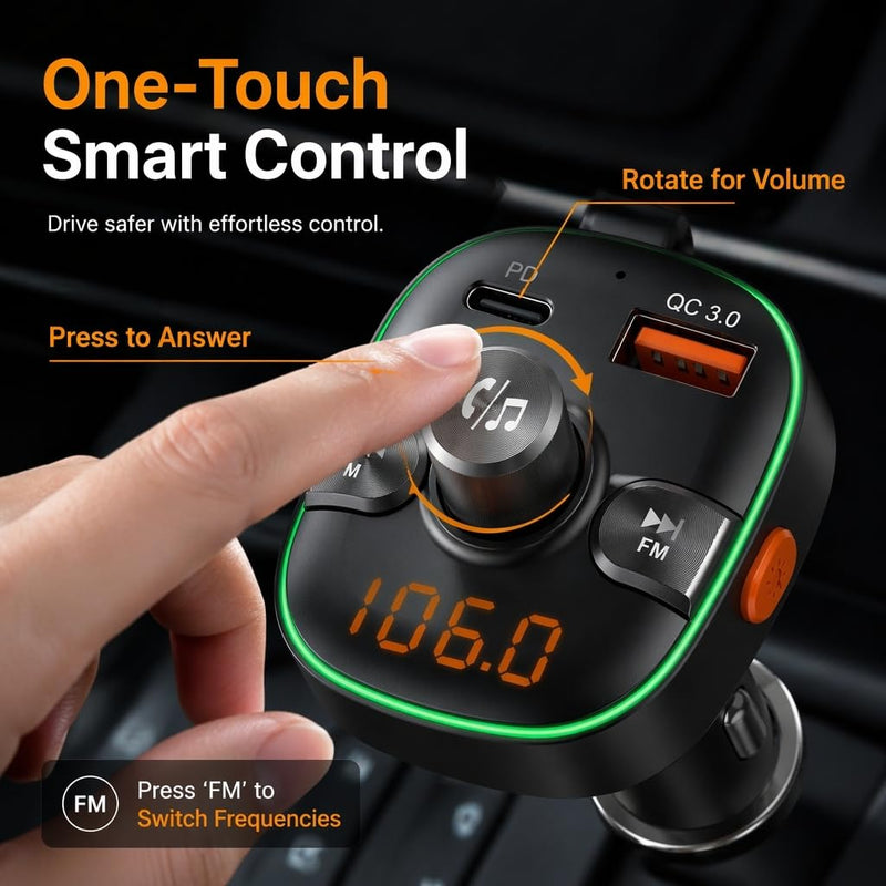 BC60 Bluetooth 5.3 FM Transmitter for Car, PD 30W & QC 3.0 Dual Fast Charging, Hands-Free Calling, Car Battery Voltage Monitor, Ultra-Stable Plug, Crystal Clear Sound