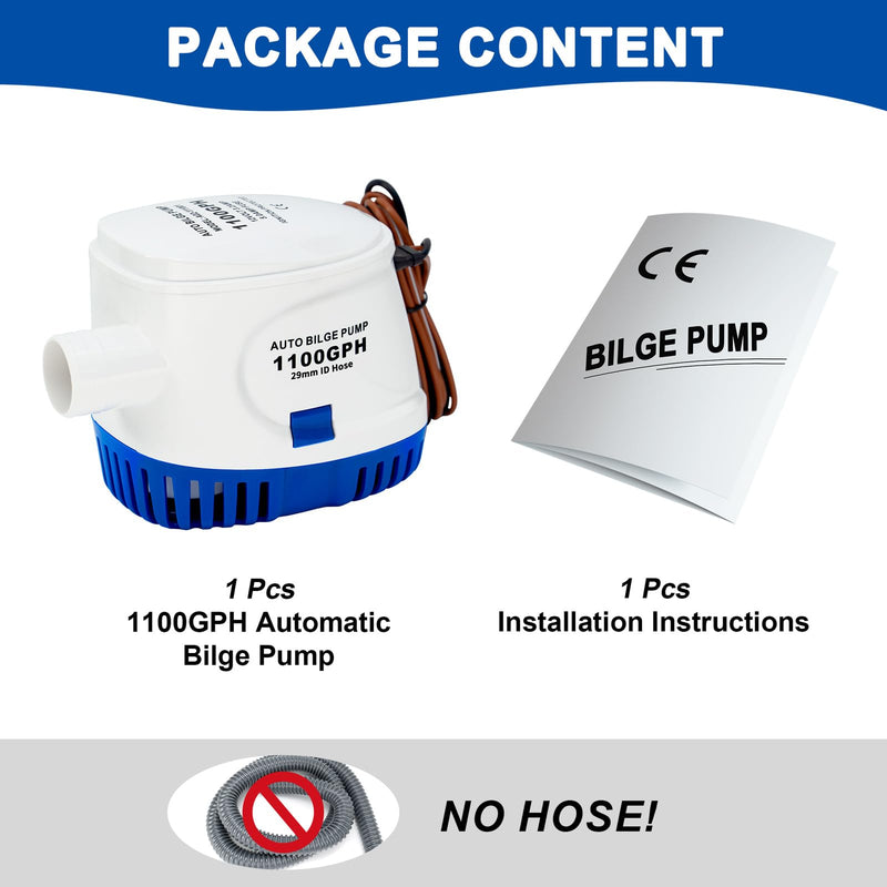 Sanuke 1100GPH Automatic Bilge Pump 12V, Submersible Auto Water Pump with Built-in Float Switch, 29mm (1-1/8") Outlet, Marine Bilge Pump for Boats, Ponds, Pools, Caravan RV | Self-operated Bilge Pumps for Boats, Built-in Float Switch, Low Noise, Electr...