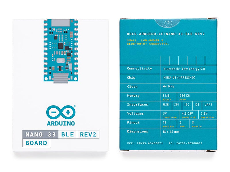Arduino Nano 33 BLE Rev2 [ABX00071] - nRF52840 - Micropython, Small Form Factor, Bluetooth Low Energy, 3V3