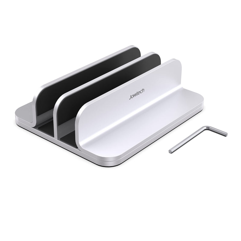 Double Aluminum Laptop Vertical Stand Organizer, Sturdy Notebook Computer Holder Stand Compatible with New Liquid Retina XDR Apple MacBook Air/Pro, Mac mini, Apple TV and iPad Pro - Silver