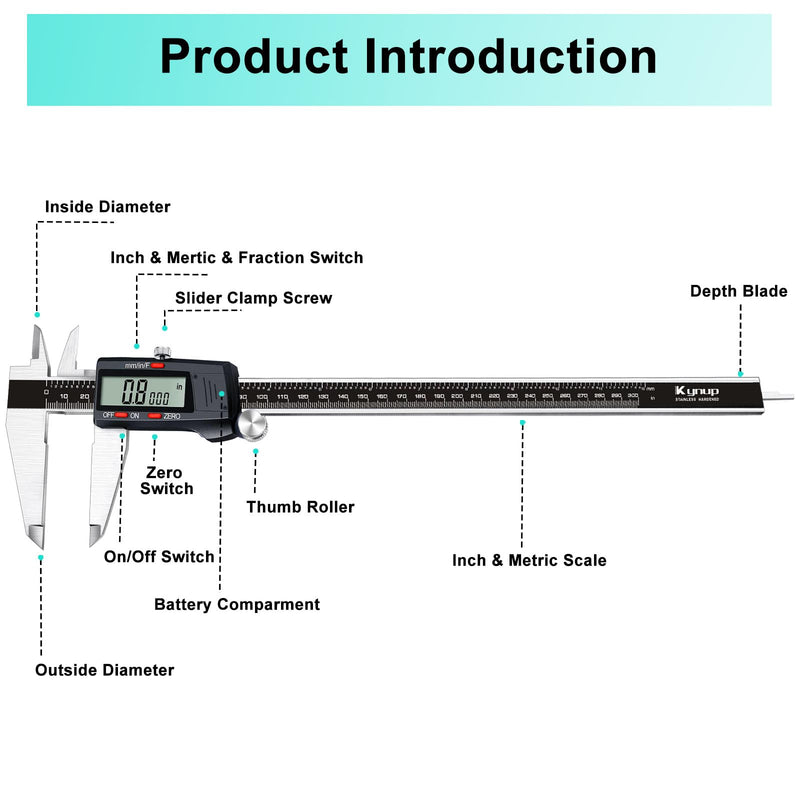 Kynup Micrometer Caliper Tool, 12Inch Digital Caliper, Vernier Caliper with Stainless Steel, Large LCD Screen, Auto - Off Feature, Inch Metric Fraction Conversion 004-4