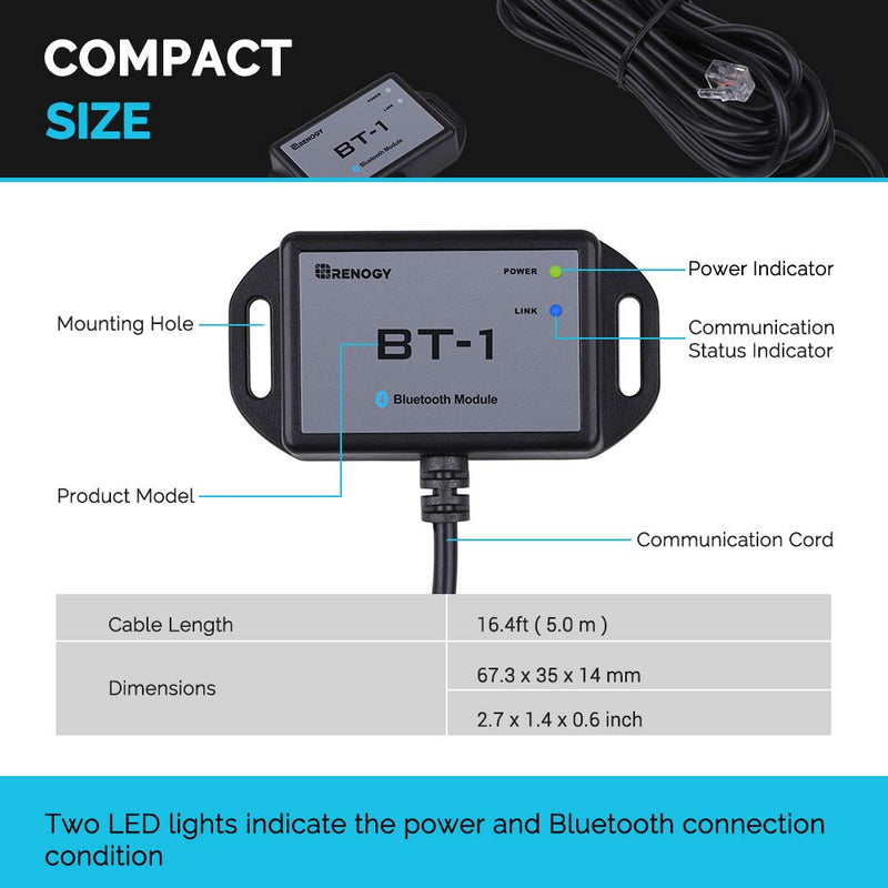 Renogy Bluetooth Module RJ12 Communication Port Compatible Rover/Wanderer/Adventurer Charge Controllers, BT-1 RS232,Black Bluetooth Module RS232