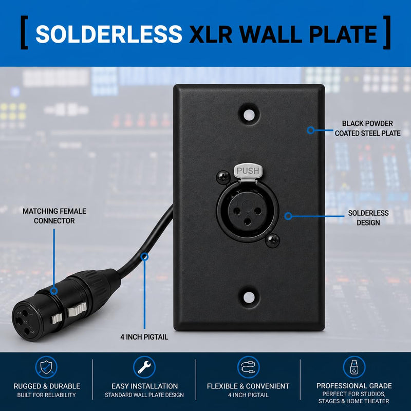 DIYTECH Black XLR Wall Plate, Solderless, No Solder, Audio Wall Plate, for Pro Audio Installation (Female to Female 1-Port)
