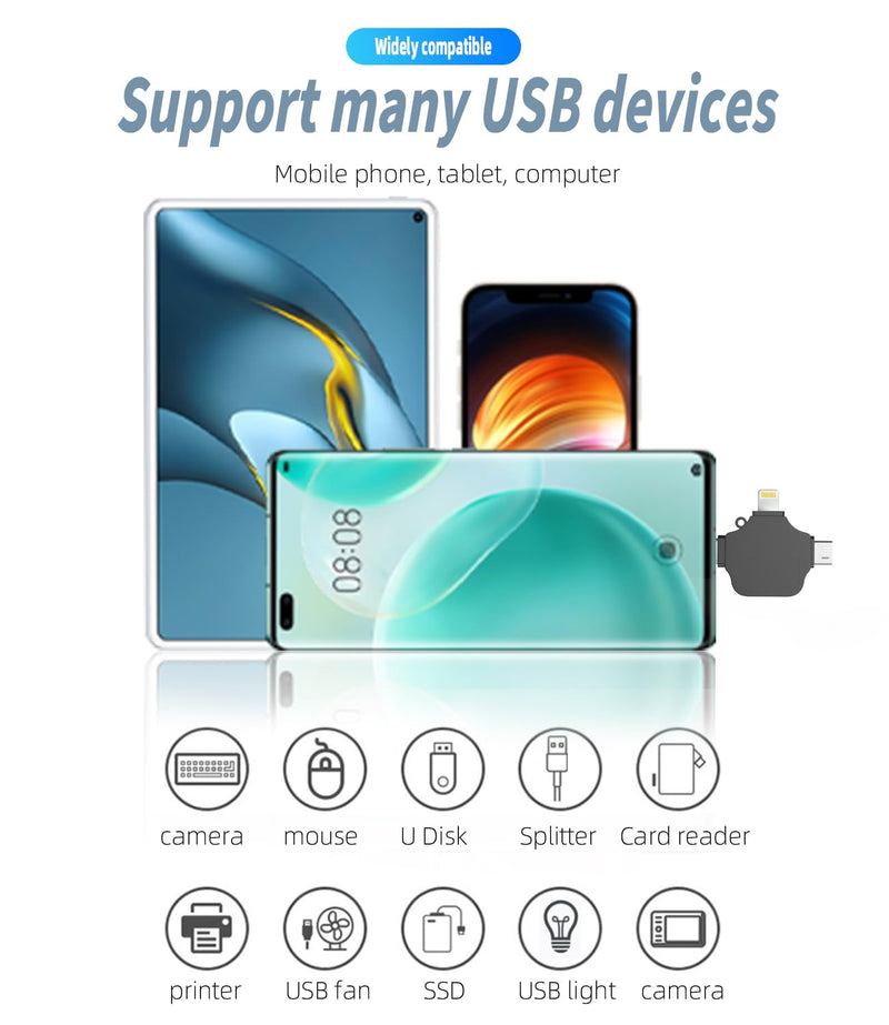 Lightning to USB C Micro USB USB-A Adapter(3in1) OTG 3.0 Cable for iPhone 16 15 14 for iPad Camera Data Transfer USB Flash Drive Keyboard Android Phone Compatible with Samsung