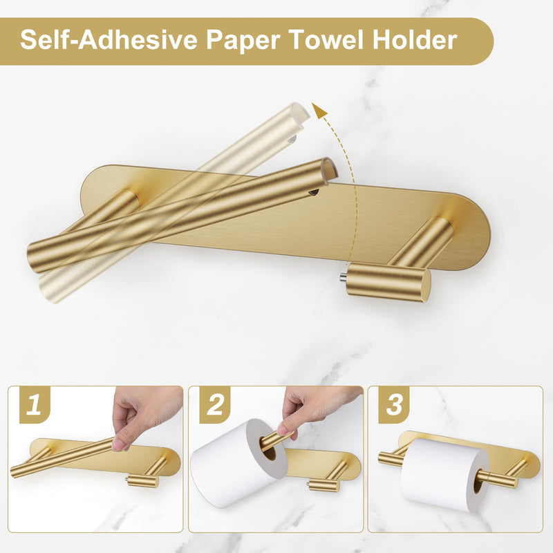 Self Adhesive Brushed Gold Toilet Paper Holder Towel Holder for Bathroom Wall, No Drilling Bathroom Hardware Set, SUS304 Stainless Steel Gold Towel Ring Hand Towel Holder for Bathroom, Kitchen