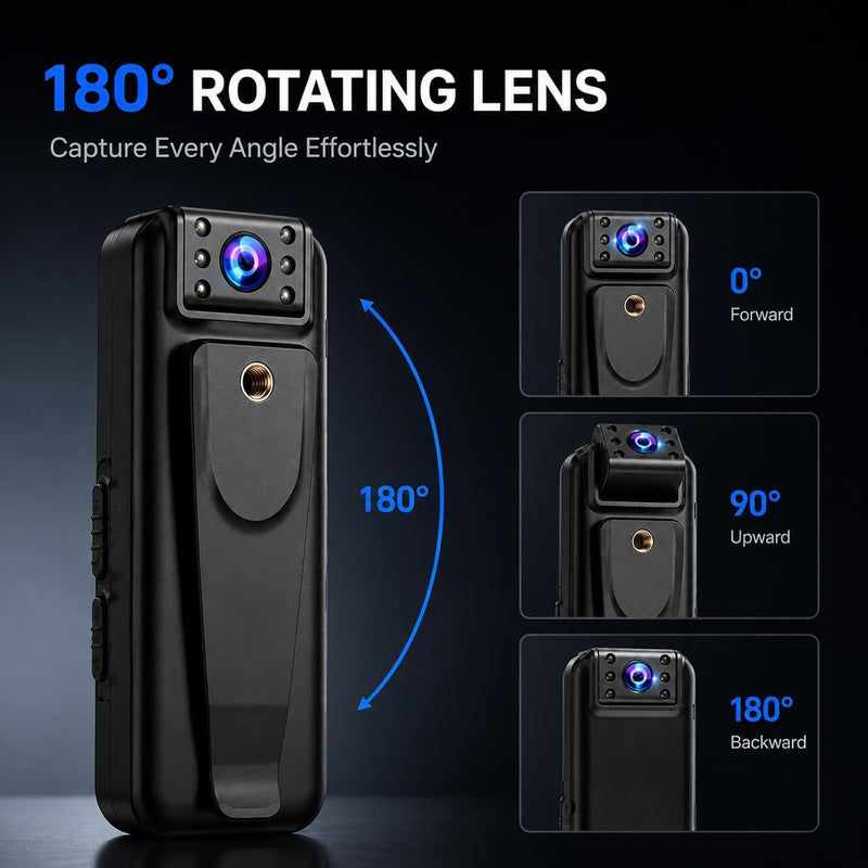 2K Body Camera with 15H Battery, 180° Rotating Lens, Auto Image Flip, Wearable POV Camera with 32GB Card, Magnetic Clip & 1/4 Mount for Cycling, Travel, Vlogging & Outdoor Adventures