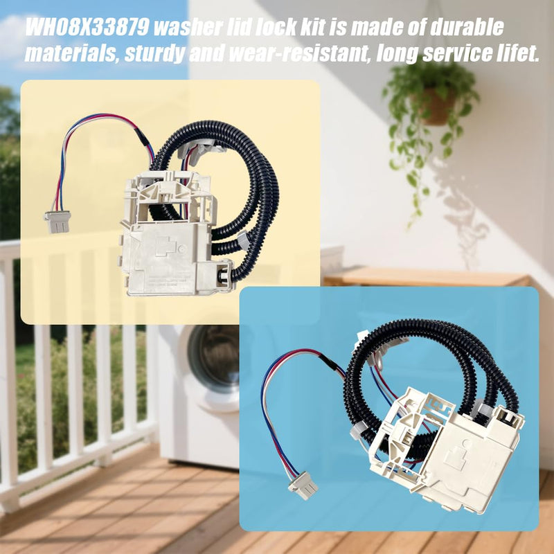 WH08X33879 Washer Lid Lock Assembly - Stainless Steel Spring & IP55 Waterproof, UL Certified Fit for GE PTW600/PTW700/PTW900 Series, GTW220/GTW385, HTW265 Models (Replaces WH08X37859)