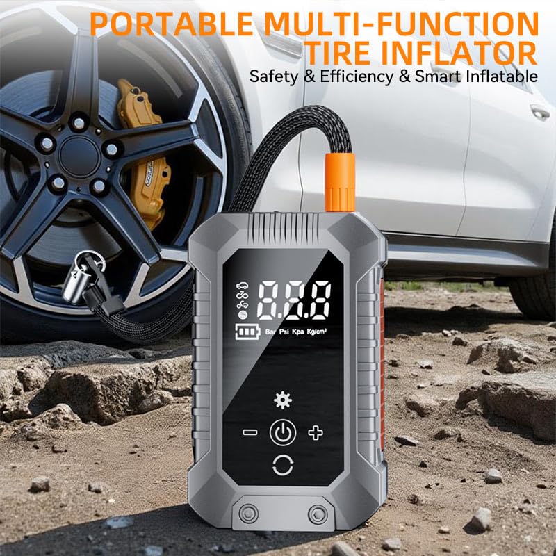 Cordless Tire Inflator Portable Air Compressor - 3600mAh Rechargeable Car Tire Pump with Digital Pressure Gauge, LED Light, Auto Shut Off, Dual Power Source for Car, Motorcycle, Bicycle, Balls Silver