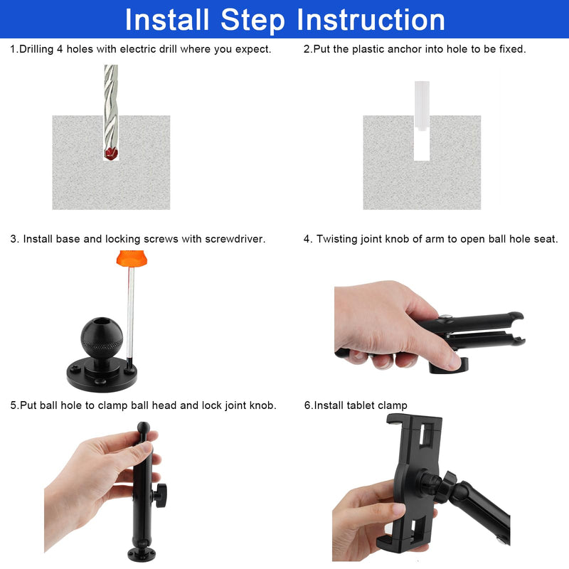 Tablet Holder Drilling Base iPad Mount for Desk/Truck/Car/Lorry/Boat/Vehicles Dashboard,360° Adjustable Aluminum Alloy Stand,Compatible with 4.7~12.9" iPad/e-Reader/Drivesmart GPS/iPhone Wall Mount Tablet Holder