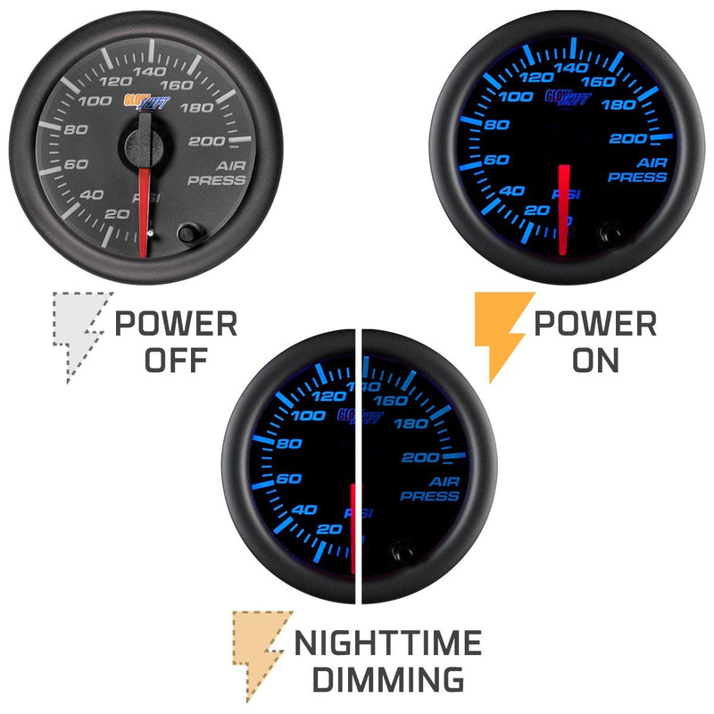 GlowShift Black 7 Color 200 PSI Mechanical Air Pressure Gauge for Air Ride Suspension Systems - Includes Wiring - Multi-Color Display - Black Dial - Clear Lens - 2-1/16" 52mm